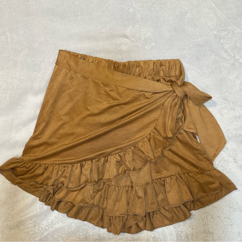 Brown Faux Suede Ruffle Wrap Skort